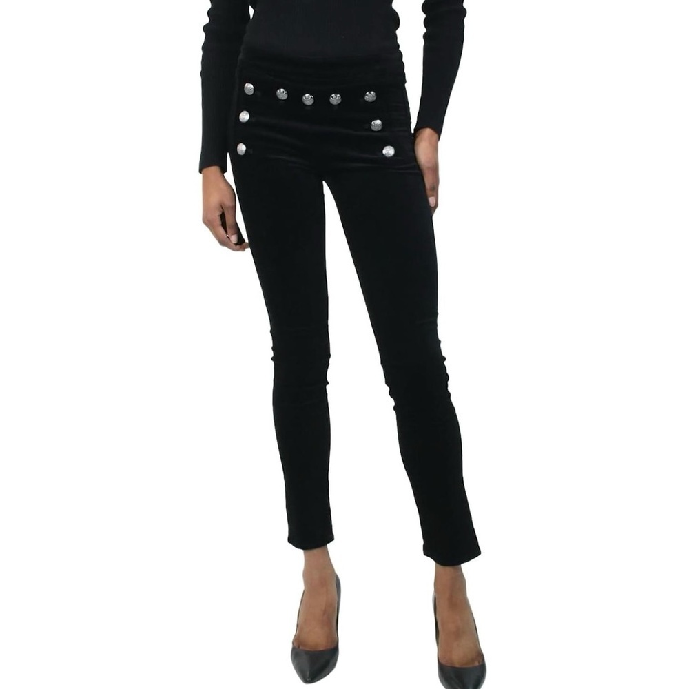 Veronica Beard Velvet Pants Button Front Metal Skinny Leg Black Zip Up Size 27